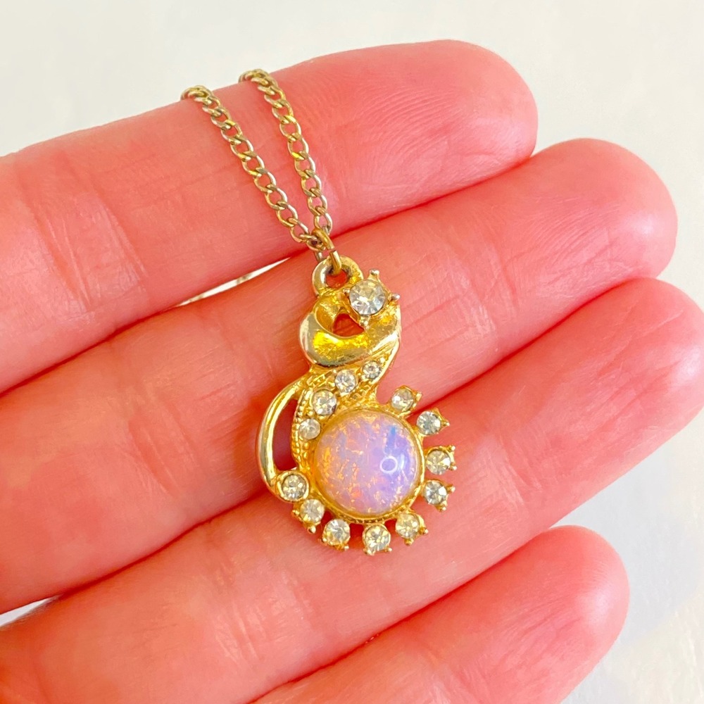 Vintage Gold Tone Faux Opal Rhinestone Pendant Necklace Whimsical